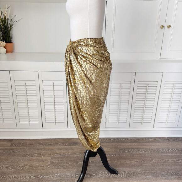 Michael Kors Metallic Gold Silk Cheetah Fil Coupe Draped Sarong Skirt Size 8 - Picture 3 of 10